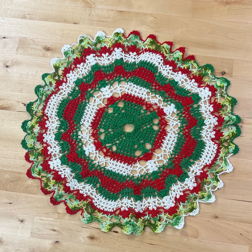 Hand-Crocheted Holiday 17” Doily in Red Green White Holiday Christmas